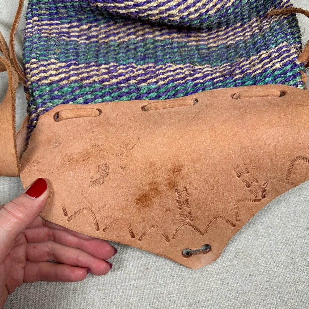 Vintage‎ Handwoven Sisal Leather Flap Crossbody Bag Purple Green Boho Festival